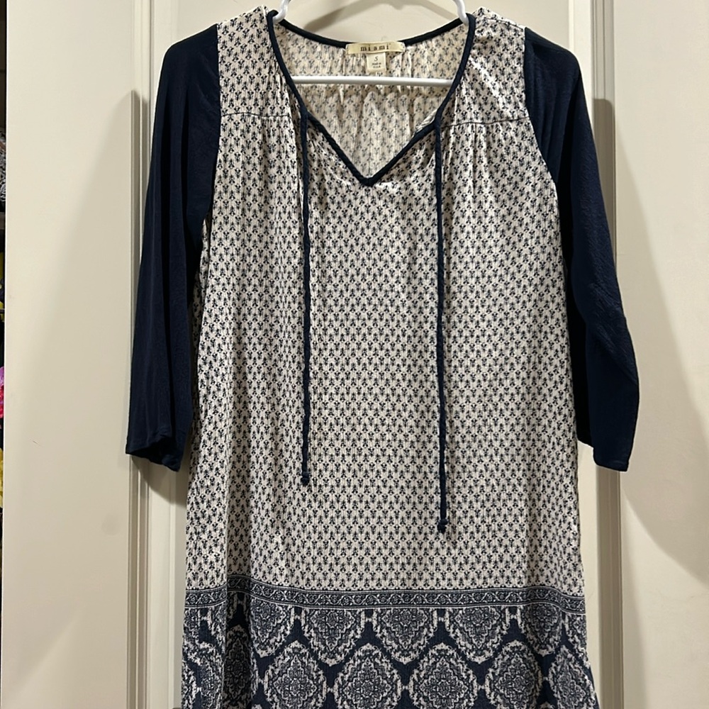 Miami pullover 100% rayon mini dress 3/4 sleeves lovely print size S blue cream